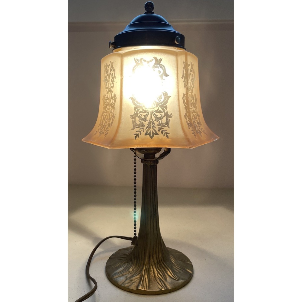 Vintage Art Nouveau Brass Table Lamp Etched Glass Shade Tiffany Style Tree Base